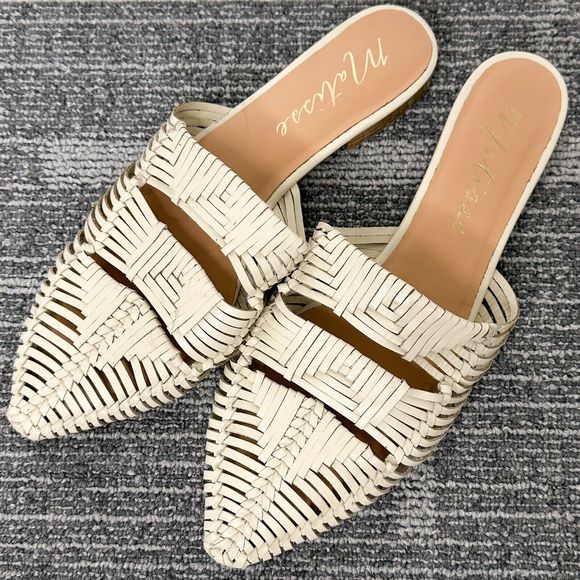Shoes - Mattise Flats Mules Cream Vegan Leather Woven Size 10 Pointed Toe Slip On Cannes